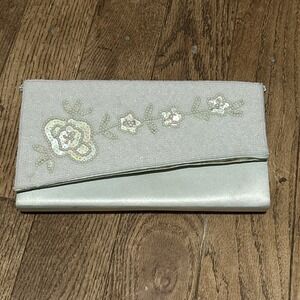 Vintage Light Blue Silver Evening Bag Satin-Like Fabric w/ Beaded Front + Strap